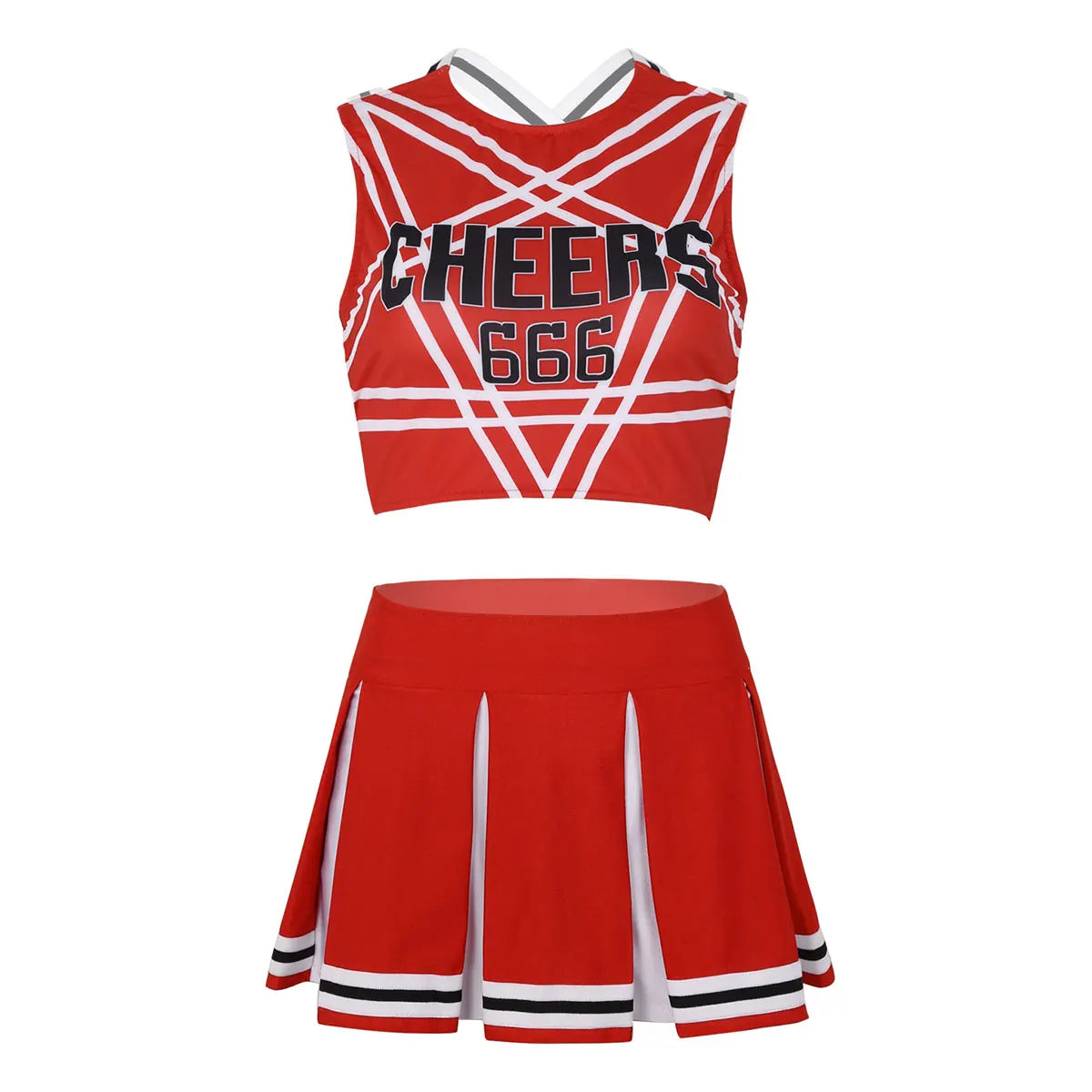 Womens Cheerleader Cosplay Costume Set Pentagram Back Crop Top with Mini Pleated Skirt Charming School Girl Cheerleading Uniform [COS]