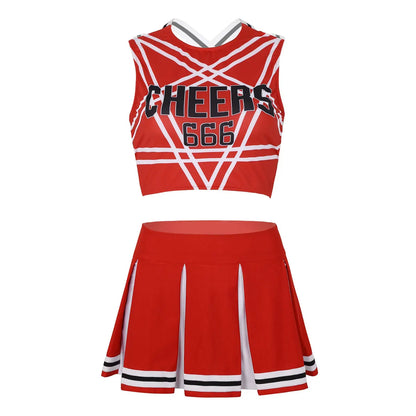 Womens Cheerleader Cosplay Costume Set Pentagram Back Crop Top with Mini Pleated Skirt Charming School Girl Cheerleading Uniform [COS]