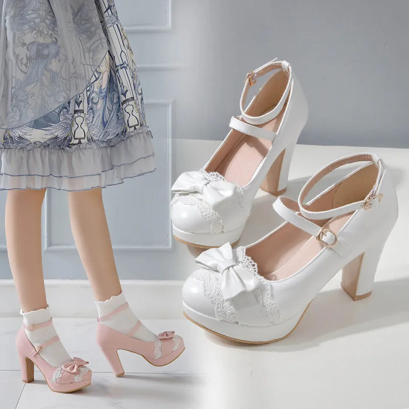 YQBTDL Summer 2022 Ladies Heels Platform Cute Bow Lace Princess Mary Jane Lolita Shoes Party High Heel Buckle Women Pumps Pink [LOL]