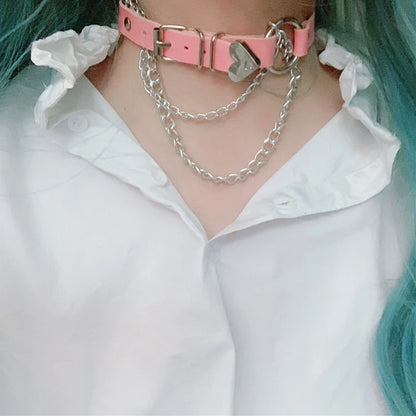 Punk Irregular Metal Women Love Leather Sexy Neck Chains Collar Gothic Dark Girls with Clavicle Chain Lolita Necklace Black Pink [LOL]