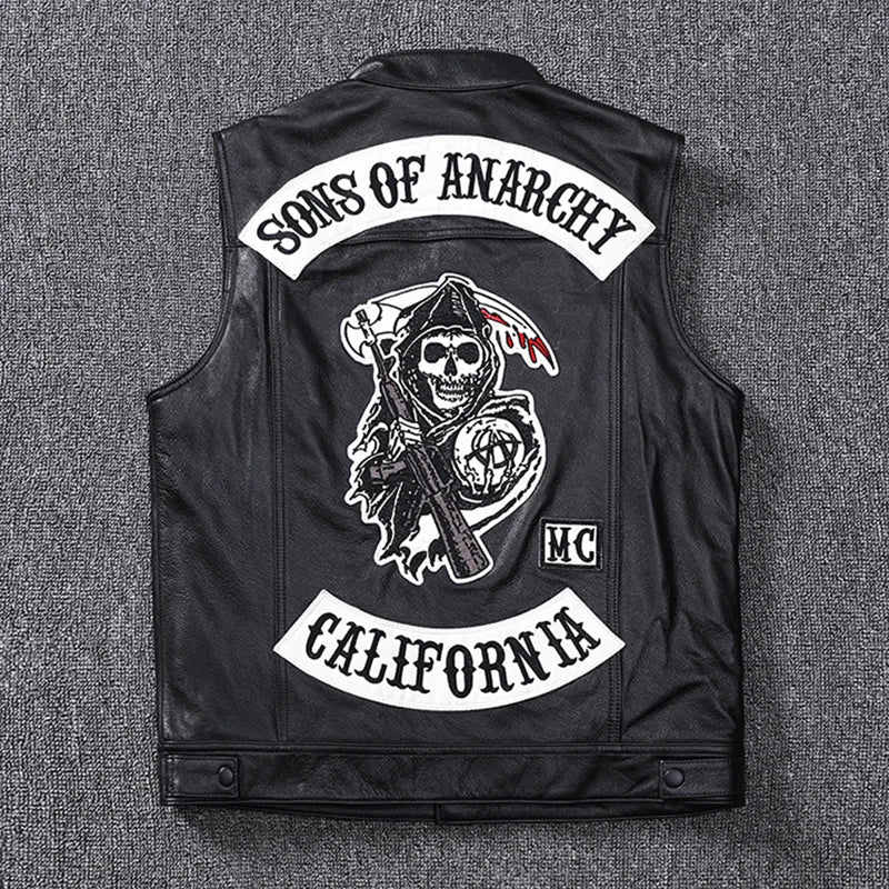 Fashion 100% Cowskin Sons Of Anarchy Leather Rock Punk Vest Cosplay Costume Black Color Motorcycle Biker Sleeveless Jacket [COS]