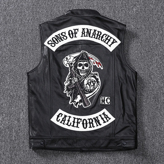 Fashion 100% Cowskin Sons Of Anarchy Leather Rock Punk Vest Cosplay Costume Black Color Motorcycle Biker Sleeveless Jacket [COS]