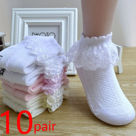 10 Pairs/lot Baby Girls Kids Socks Lace Ruffle Princess Mesh Children Ankle Short Breathable Cotton White Pink Blue Toddler Sock [SOX]