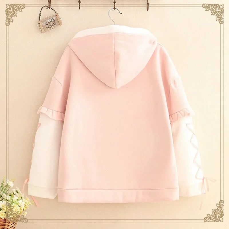 Japanese Harajuku Kawaii Women Sweatshirt Winter Sweet Strawberry Thicken Hooded Hoodie Lolita Fleece Warm Lace Up Pink Pullover [LOL]