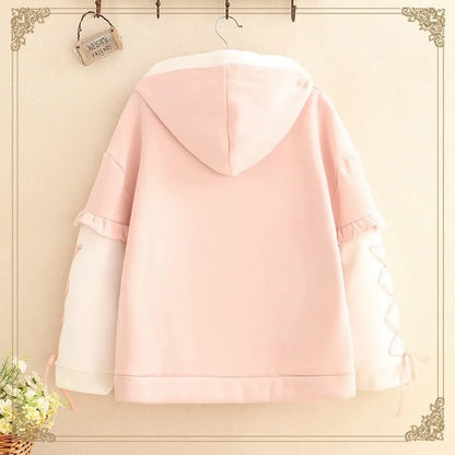 Japanese Harajuku Kawaii Women Sweatshirt Winter Sweet Strawberry Thicken Hooded Hoodie Lolita Fleece Warm Lace Up Pink Pullover [LOL]