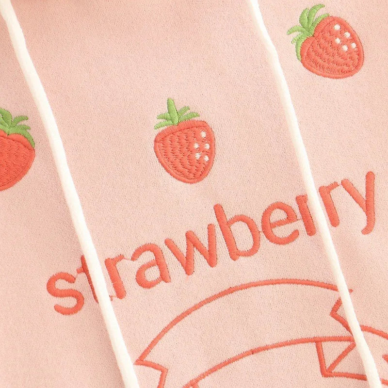 Japanese Harajuku Kawaii Women Sweatshirt Winter Sweet Strawberry Thicken Hooded Hoodie Lolita Fleece Warm Lace Up Pink Pullover [LOL]