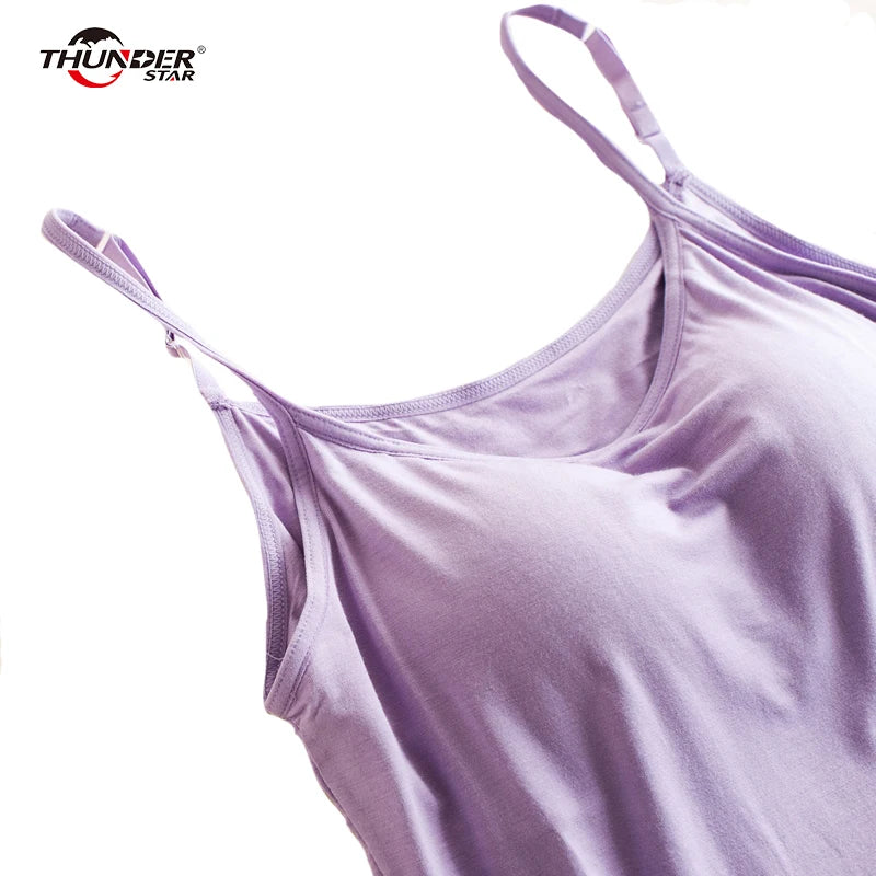 Padded Bra Tank Top Women Modal Spaghetti Strap Camisole with built-in bra Solid Cami Top female Tops Vest Fitness Clothing [GRM] [UND]