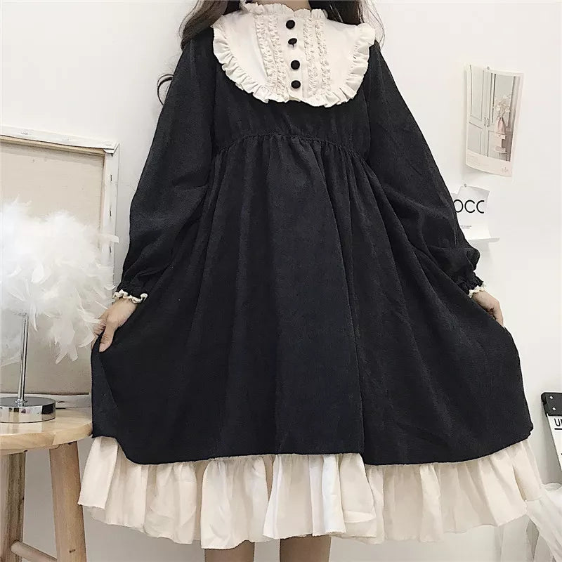 Japanese Lolita Style Women's Dresses Spring Autumn O-Neck High Waist Slimming Contrast-Color Ruffled Sweet Dress Kawaii Clothes [LOL]