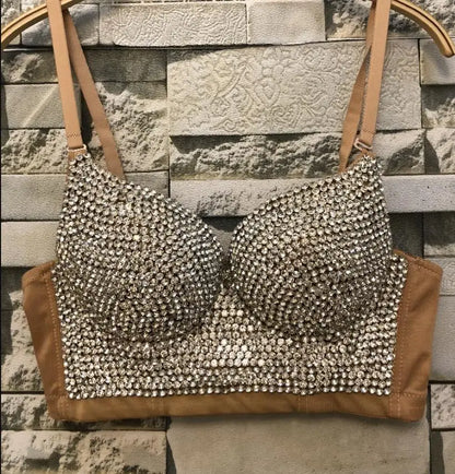 High-quality Hand-made Pearls Jewel Diamond beading Women's Sexy Bustier Bra Cropped sling Top Vest Bra bling [GRM] [UND]