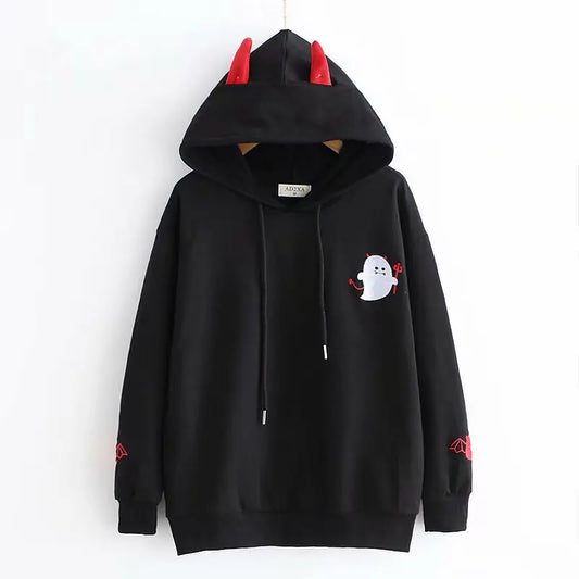 Harajuku Hoodies Girl Little Devil Horns Gothic Hooded Sweatshirts Women Autumn Loose Lolita Pullovers Tops Black White [LOL]