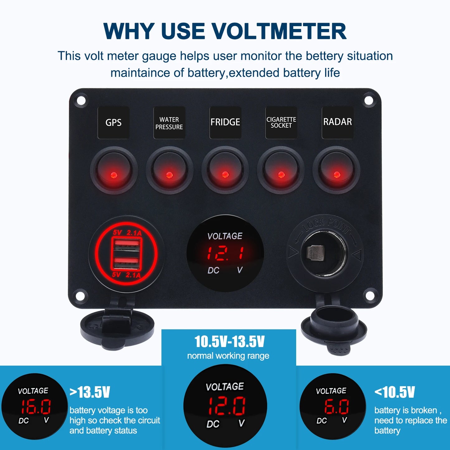 LED Rocker Switch Panel With Digital Voltmeter Dual USB Port 12V Outlet Combination Waterproof Switches For Car Marine Boat [MRN]