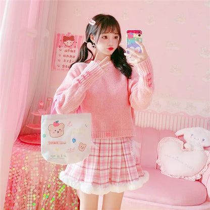 Winter Kawaii Pleated Mini Skirt Women Korean Fashion Plaid Cute Lace Cosplay School Girl Lolita Female Warm Short Tutu Skirts [LOL]