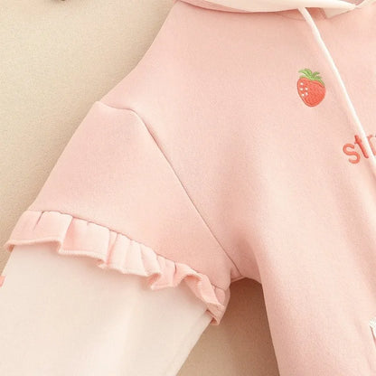 Japanese Harajuku Kawaii Women Sweatshirt Winter Sweet Strawberry Thicken Hooded Hoodie Lolita Fleece Warm Lace Up Pink Pullover [LOL]