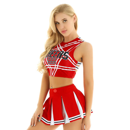 Womens Cheerleader Cosplay Costume Set Pentagram Back Crop Top with Mini Pleated Skirt Charming School Girl Cheerleading Uniform [COS]