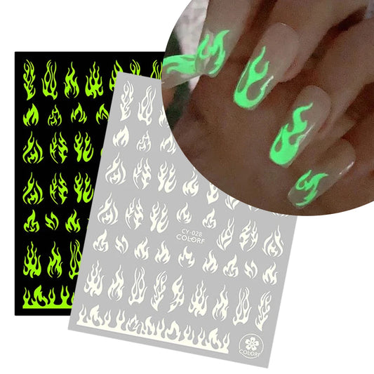 Luminous Fire Flame Nail Stickers Decor 3D Star Butterfly Design Glow In The Dark Decals Summer Manicure Slider Tips [BEU]