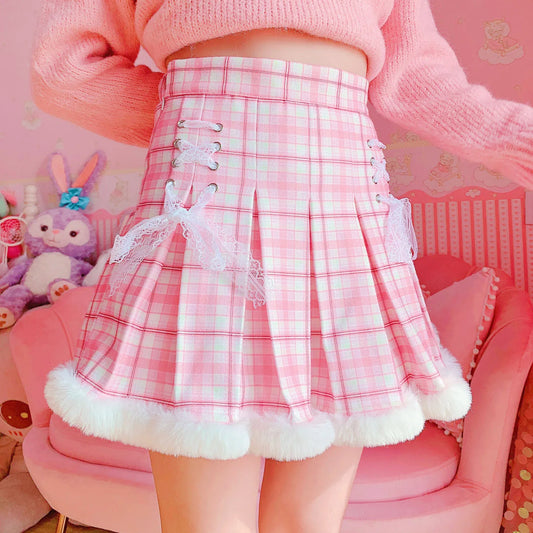 Winter Kawaii Pleated Mini Skirt Women Korean Fashion Plaid Cute Lace Cosplay School Girl Lolita Female Warm Short Tutu Skirts [LOL]