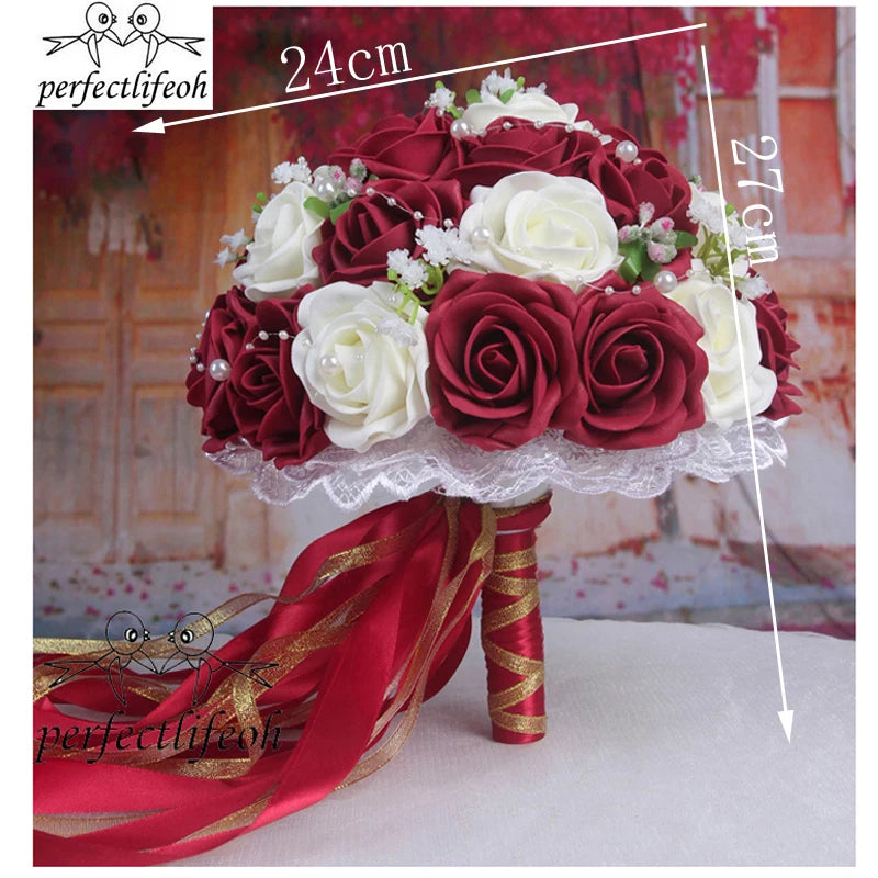 Perfectlifeoh Burgundy Wedding Bouquet Pink/Red/White/Royal Blue Bridal Bridesmaid  Artificial Flower Rose Bride [FLW]