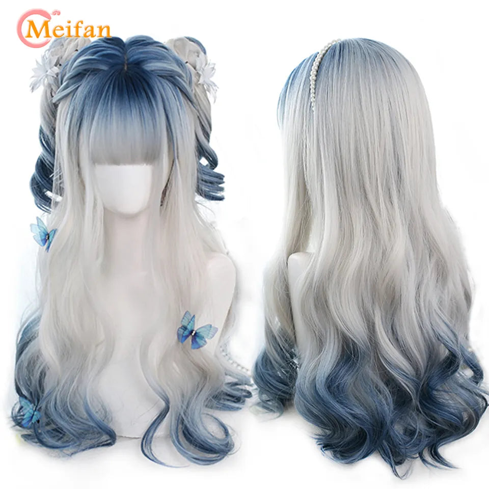 MEIFAN Synthetic Long Ombre Colorful Cosplay Lolita Harajuku Wig With Bangs Natural Wavy Halloween Pink Purple Blue Daily Wigs [LOL]