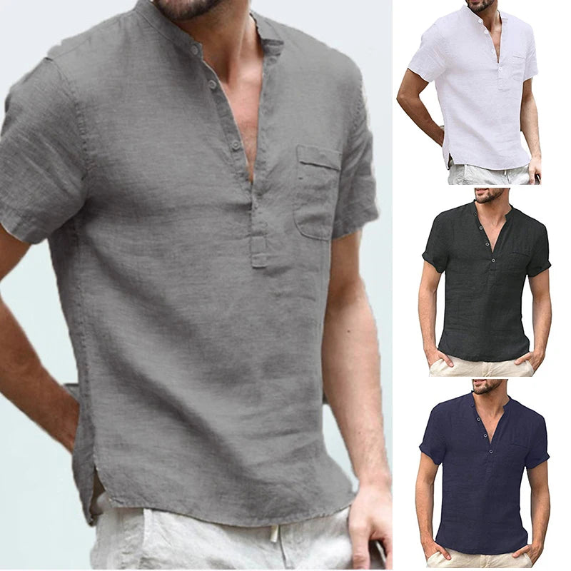 Men's Casual Hip Pop t-Shirt Summer Short-Sleeved Linen Shirts With Stand-Up Collar Soild Short-Sleeved Shirt Buiness Shirts To [MEN]