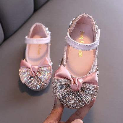 New Children Leather Shoes Rhinestone Bow Princess Girls Party Dance Shoes Baby Student Flats Kids Performance Shoes D785 [SHO]