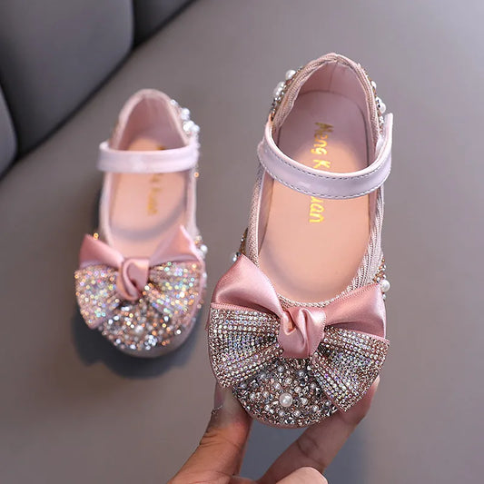 New Children Leather Shoes Rhinestone Bow Princess Girls Party Dance Shoes Baby Student Flats Kids Performance Shoes D785 [SHO]