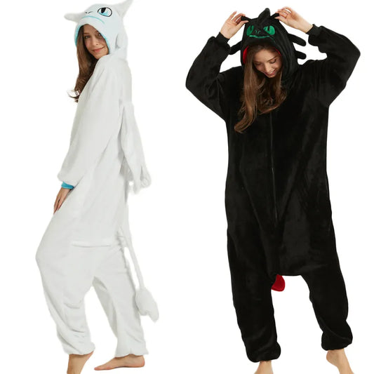 Dragon White Black Onesie Adult Unisex Flannel Pajama Anime Cosplay Costume Train Your Night Fury Sleepwear E46762AC [COS]