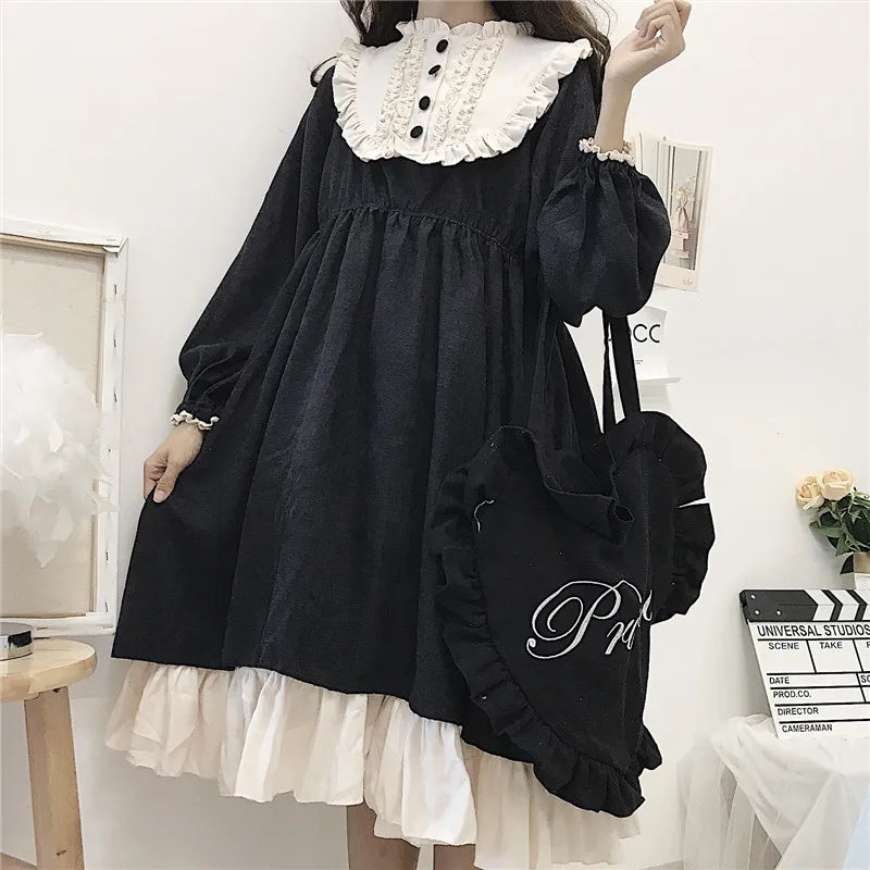 Japanese Lolita Style Women's Dresses Spring Autumn O-Neck High Waist Slimming Contrast-Color Ruffled Sweet Dress Kawaii Clothes [LOL]