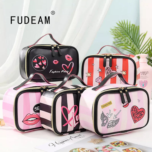 FUDEAM Leather Portable Women Cosmetic Bag Multifunction Travel Toiletry Storage Organize Handbag Waterproof Female Makeup Case [CSM]