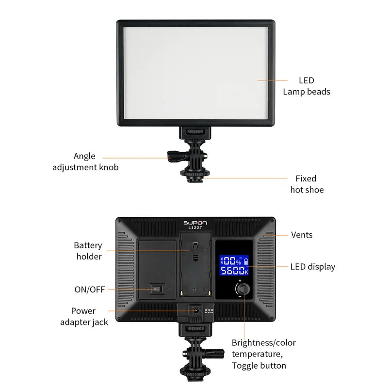 SUPON L122T Photography Lighting LED Video Light Ultra Thin LCD Bi-Color & Dimmable DSLR Studio LED Light Lamp Panel for Camera [PHO]