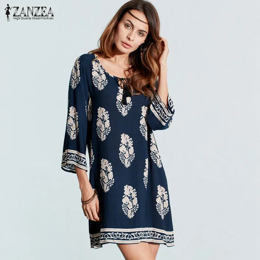 ZANZEA Women Sexy Mini Print Dress 2023 Elegant Retro 3/4 Sleeve Lace Up Long Tops Casual Loose Beach Dresses Vestidos [WOM]