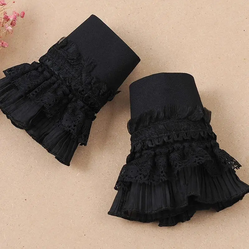 Gothic Retro Black Detachable Sleeve Fake Cuffs Multi Layer Ruffles Lace Patchwork Lolita Princess Sweater Decorative [LOL]