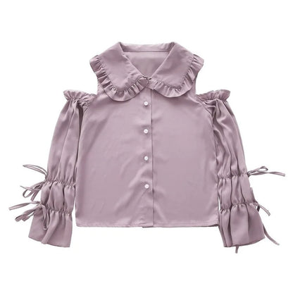 Women's Shirts Off Shoulder Peter Pan Collar Sweet Lolita Style Lovely Solid Long Lantern Sleeve Bow Lace Up Female Leisure Trendy [LOL]