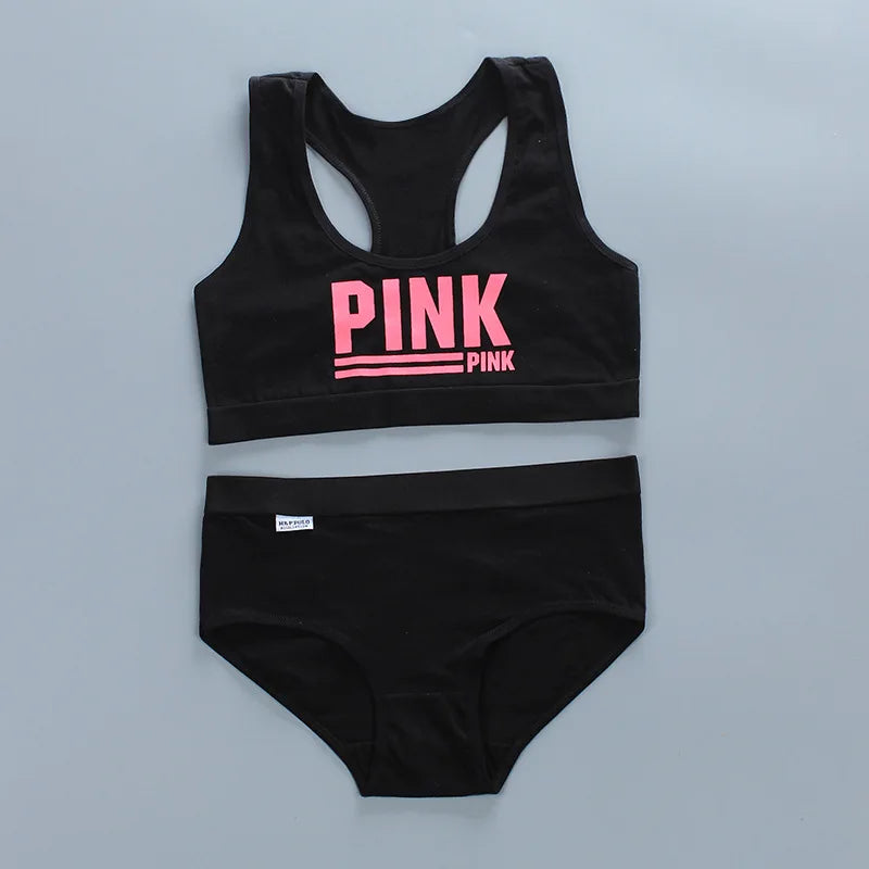 Teenage Girls Underwear Wireless Letter Print Small Bra Panty Set For Children Young Girls Sports Runnin Crop Tops 8-16Years [GRM] [UND]