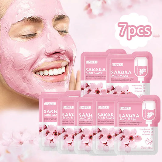 LAIKOU 7pcs Japan Sakura Mud Face Mask Cleansing Whitening Moisturizing Oil-Control Anti-Aging Clay Mask Packs Facial Skin Care [SKC]