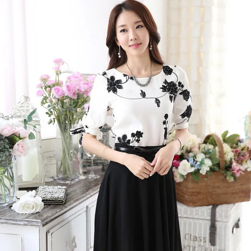 Fashion Women Shirt Blouse Summer Tops Chiffon Casual Shirt O Neck Half Sleeve Floral Printing Female Blusas Clothing [WOM]