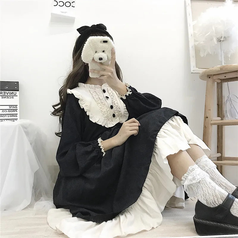 Japanese Lolita Style Women's Dresses Spring Autumn O-Neck High Waist Slimming Contrast-Color Ruffled Sweet Dress Kawaii Clothes [LOL]