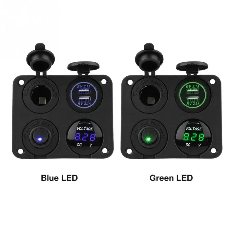 ON/OFF Toggle Switch Panel Dual USB Cigarette Lighter Socket Voltmeter for Car Boat Marine RV Truck Blue/Green LED [MRN]