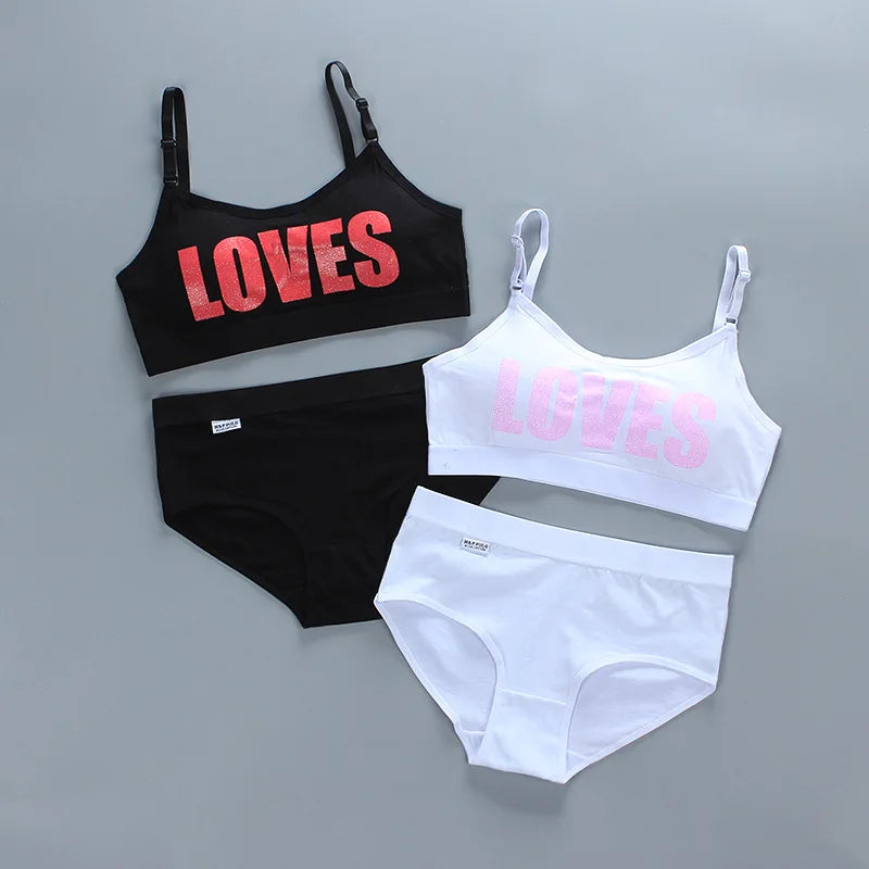 Teenage Girls Underwear Wireless Letter Print Small Bra Panty Set For Children Young Girls Sports Runnin Crop Tops 8-16Years [GRM] [UND]