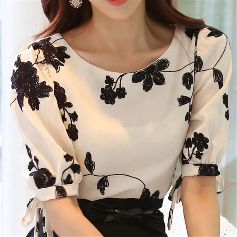 Fashion Women Shirt Blouse Summer Tops Chiffon Casual Shirt O Neck Half Sleeve Floral Printing Female Blusas Clothing [WOM]