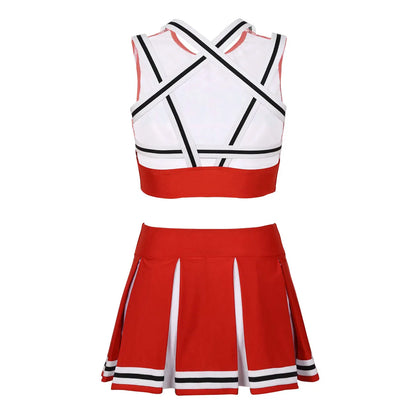 Womens Cheerleader Cosplay Costume Set Pentagram Back Crop Top with Mini Pleated Skirt Charming School Girl Cheerleading Uniform [COS]