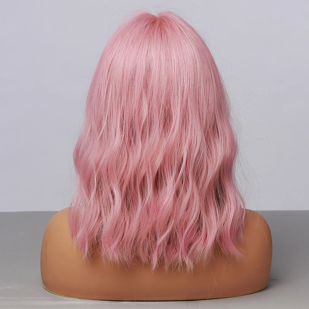 GEMMA Medium Wavy Synthetic Wig with Bangs for Black Women African American Natural Pink Bob Lolita Cosplay Heat Resistant Hair [LOL]