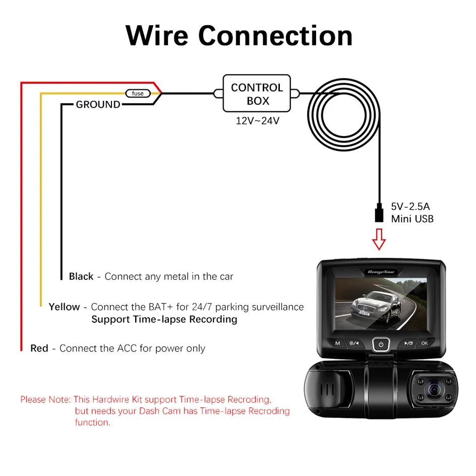 Hard Wire Kit 12V 24V to 5V 2.5A Dash Cam Car Adapter Cable Hardwire for Car DVR GPS Car Charger Cable [CAR]