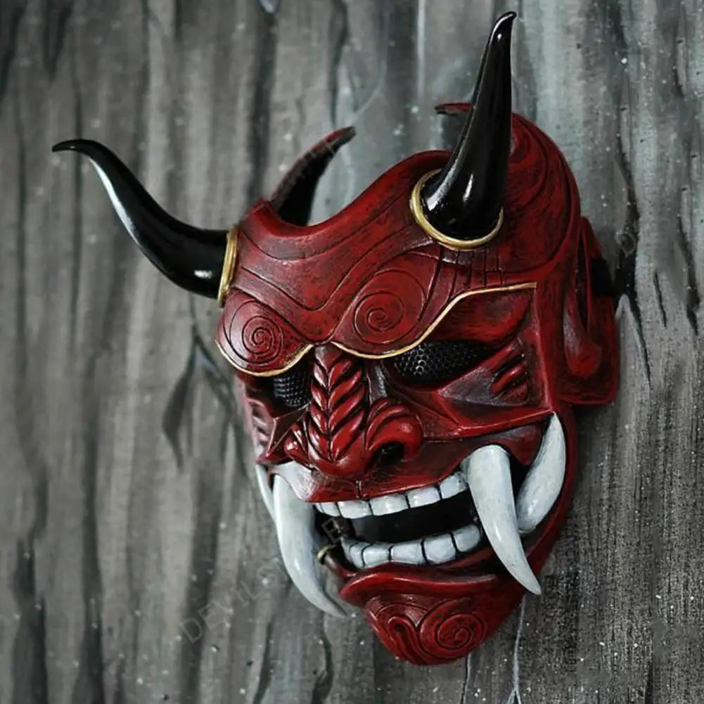 Halloween Red Prajna Hell Ghost Mask Cosplay Japanese Oni Samurai Mask Cow Devil Red Face Grimace Horn Mask Cosplay Costume Prop [COS]