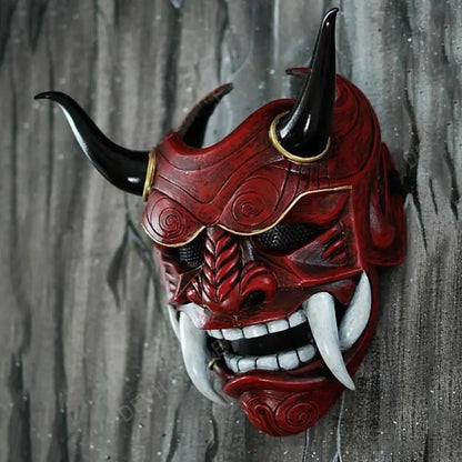 Halloween Red Prajna Hell Ghost Mask Cosplay Japanese Oni Samurai Mask Cow Devil Red Face Grimace Horn Mask Cosplay Costume Prop [COS]