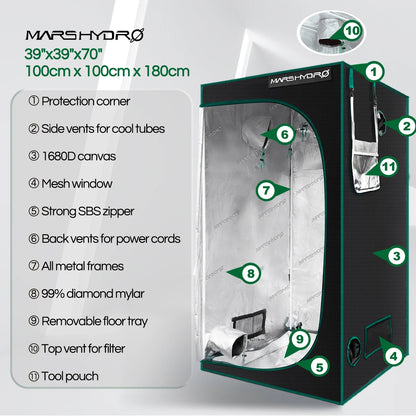 Hydro Reflective Mylar Grow Tent 1680D 100x100x180cm Growing Tent for Plants, Grow Kit (39''x39''x70'') [GAR]