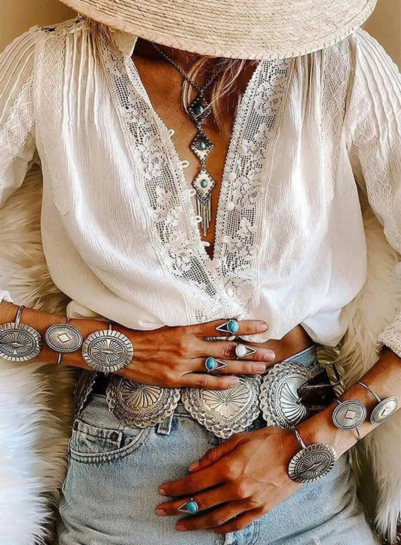 BOHO INSPIRED blouse white cotton lace floral embroidery women's shirt loose boho style v-neck long sleeve tunic sexy tops [WOM]