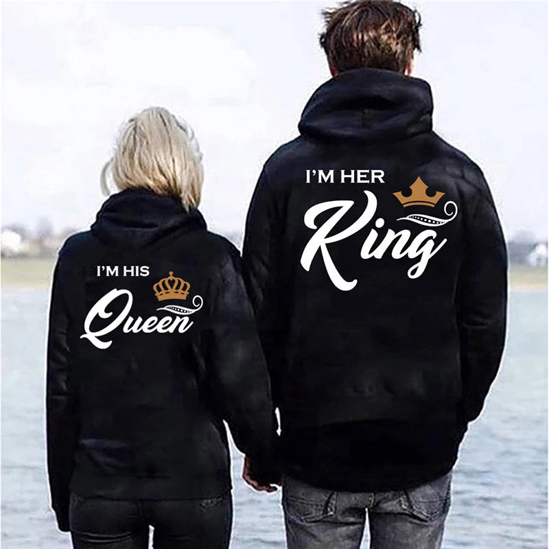 Casual King Queen Letter Women Hoody Her King His Queen Couple Hooded Print Sweatshirt [MEN]