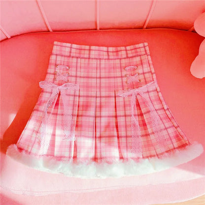 Winter Kawaii Pleated Mini Skirt Women Korean Fashion Plaid Cute Lace Cosplay School Girl Lolita Female Warm Short Tutu Skirts [LOL]