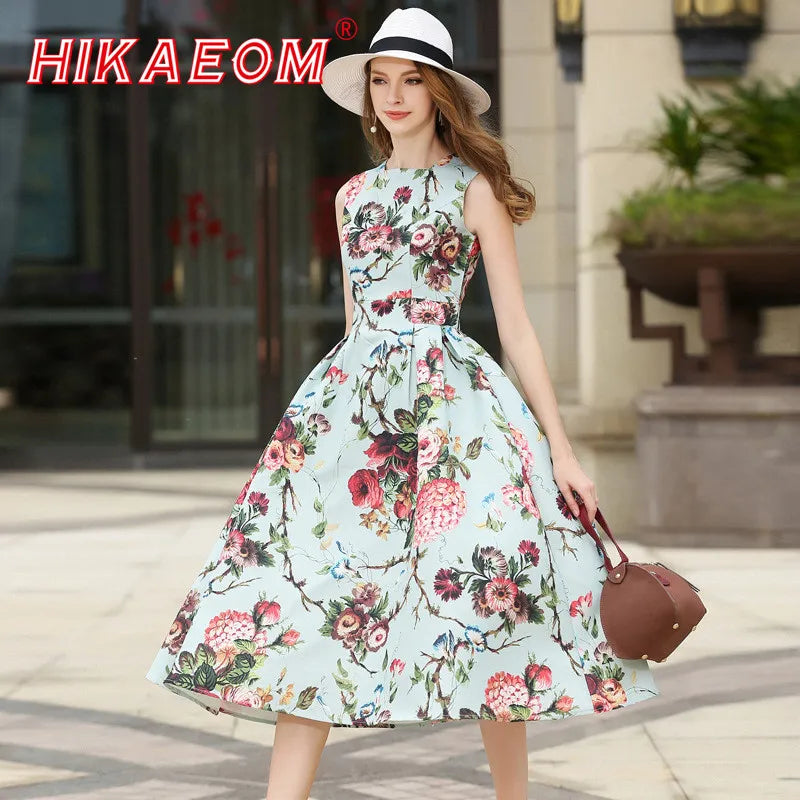 Autumn Sleeveless Floral Print Long Dress Elegant O Neck Rushed Pleated Large Swing Flower Beach Sexy Long Dress Female Vestidos [WOM]