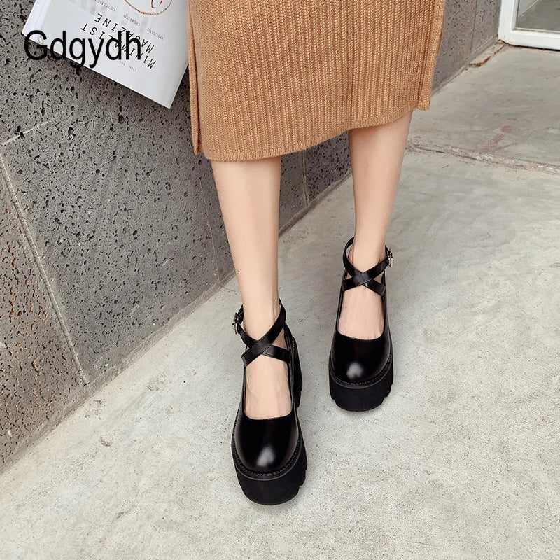 Gdgydh College Student Shoes Girl LOLITA Shoes JK Uniform PU Leather Platform Heels Ankle Strap Womens Pumps 2022 New Spring [LOL]